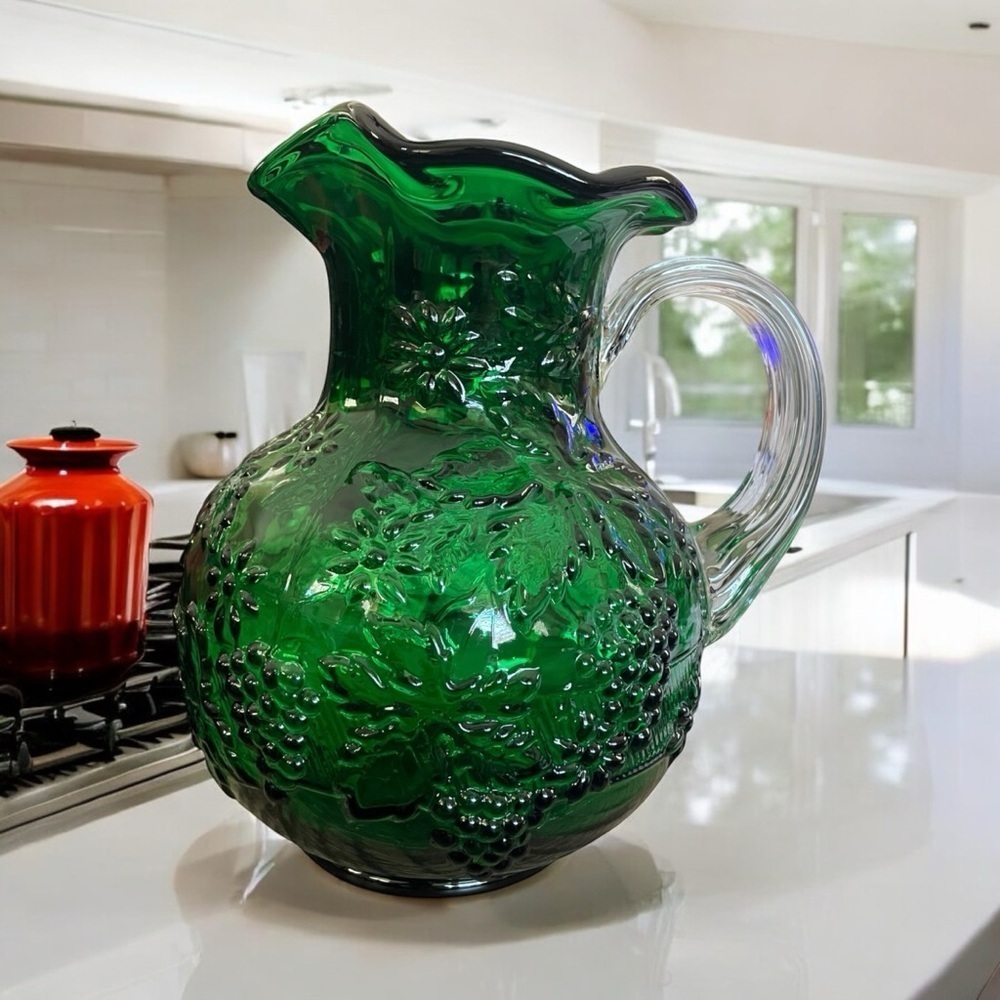 Emerald Green Mosser Grape And Floral Pattern Glass Pitcher